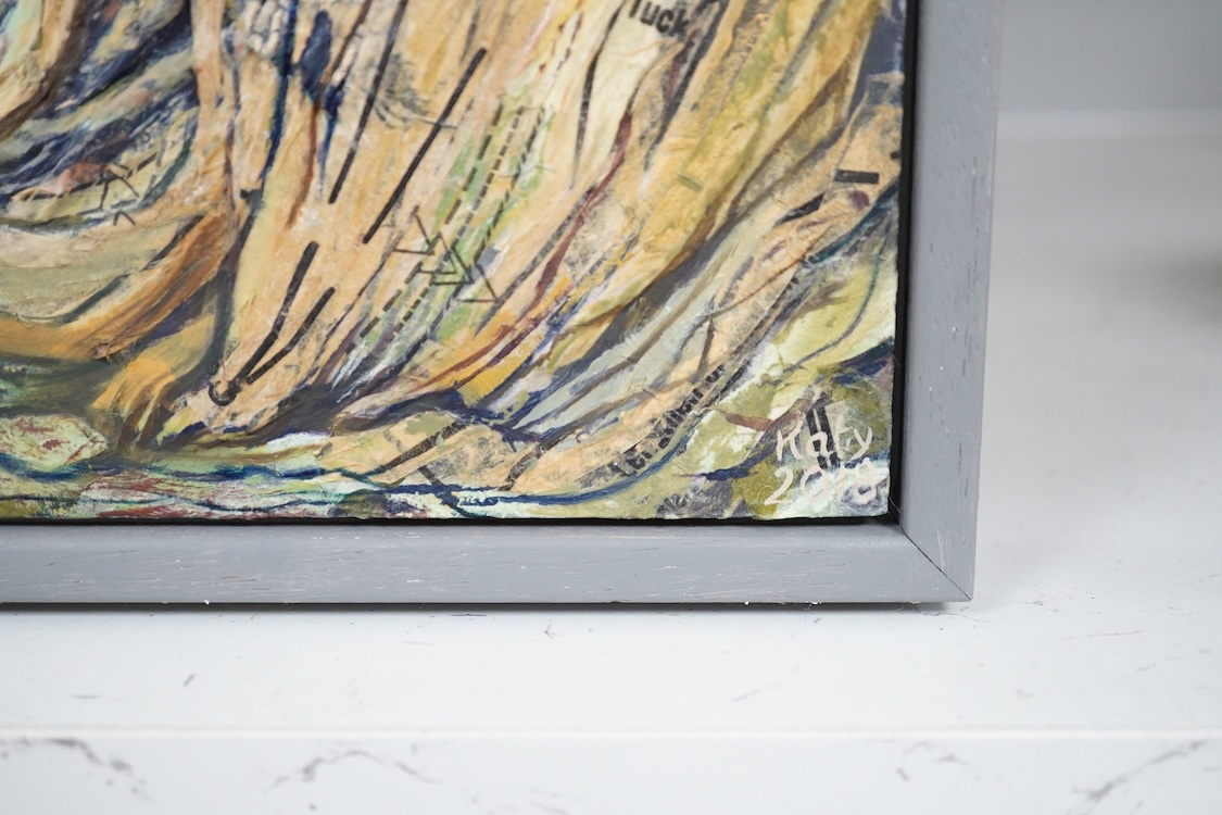 Katy Oxborrow, Pathways, acrylic, signed and dated 2018, label verso, oil and collage on wood panel, 40 x 40cm